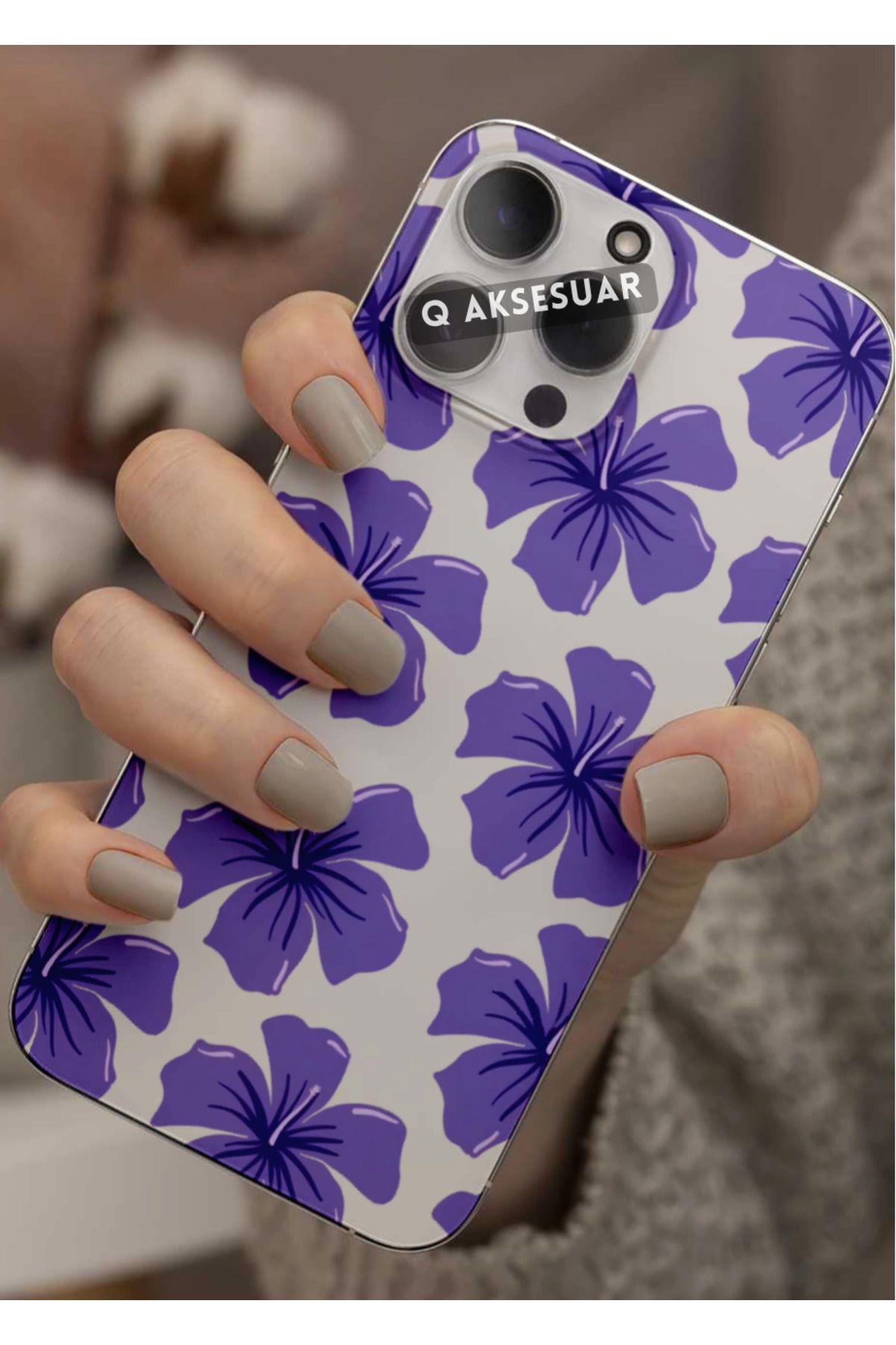 Q Aksesuar İphone 14 Plus Uyumlu Mor Çiçek Tasarımlı Şeffaf Telefon Kılıfı Kapak Case