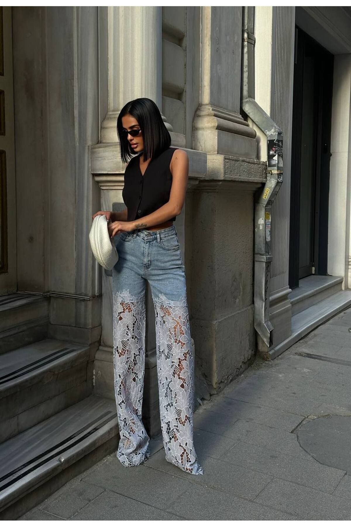 Castivo Fashion Dantel Paça Detaylı Yüksek Bel Wide Leg Jean Pantolon