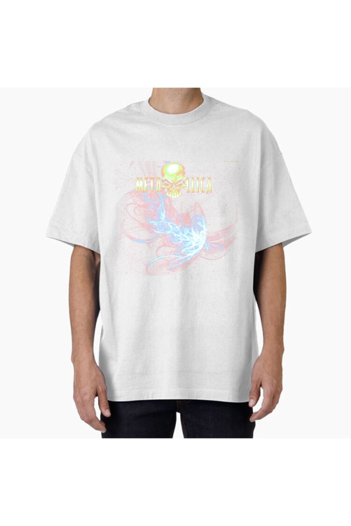 COMVİCHO Unisex metallicacabeza Tasarım Baskılı Oversize T-Shirt