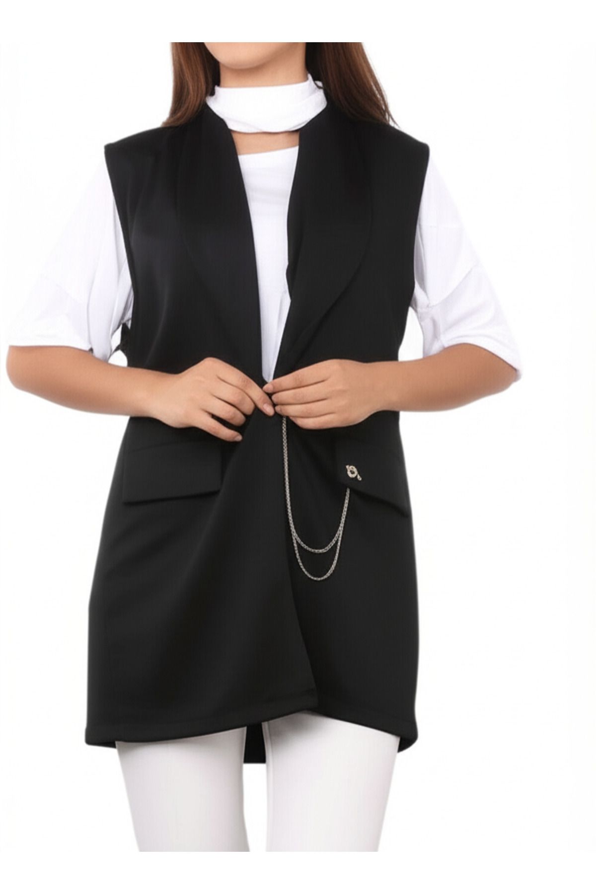 DHDmoda Kadın Siyah Zincir Detaylı Yelek