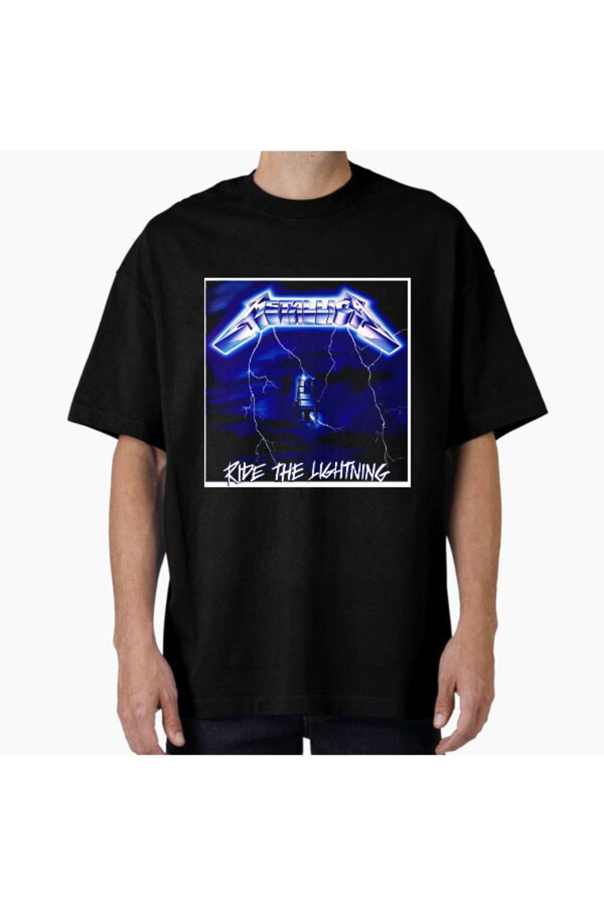 COMVİCHO Unisex metallicaridethelightningOutput Tasarım Baskılı Oversize T-Shirt
