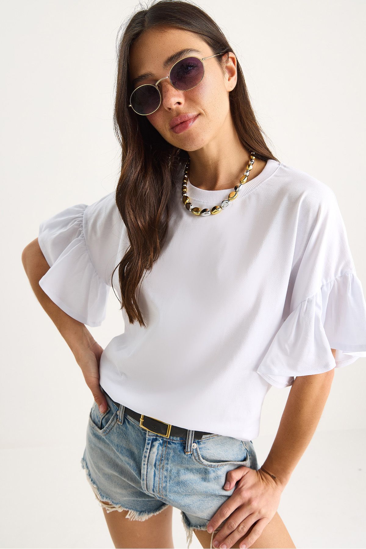 Bianco Lucci Kadın Kolları Fırfırlı Bisiklet Yaka Pamuklu T-Shirt 60602074