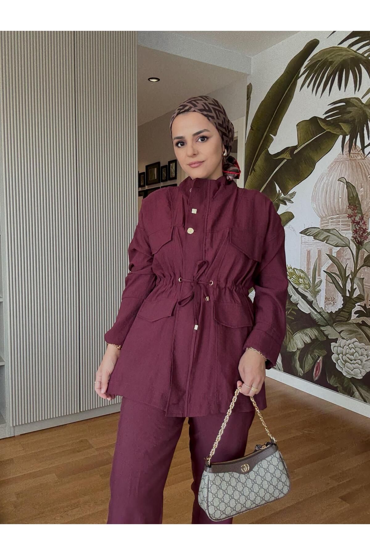 Aselim Hijap Moda Fermuarlı Belden Büzgülü Giy-Çık Takım – İthal Dökümlü Kumaş Bordo