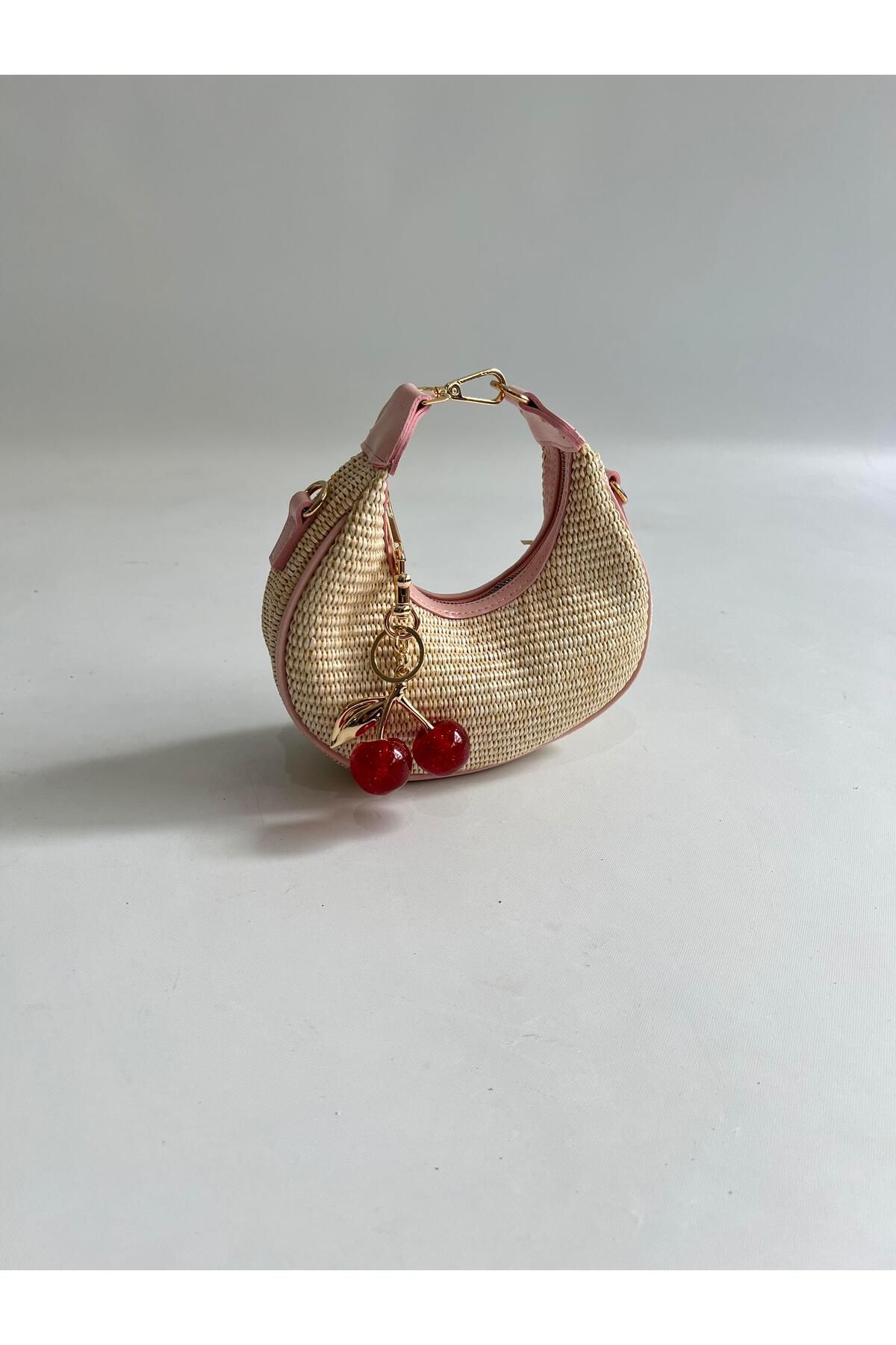 Mia Collection Gerçek Hasır Baby Model El Ve Kadın Omuz Çantası Pembe ( Kiraz Charm Dahil )