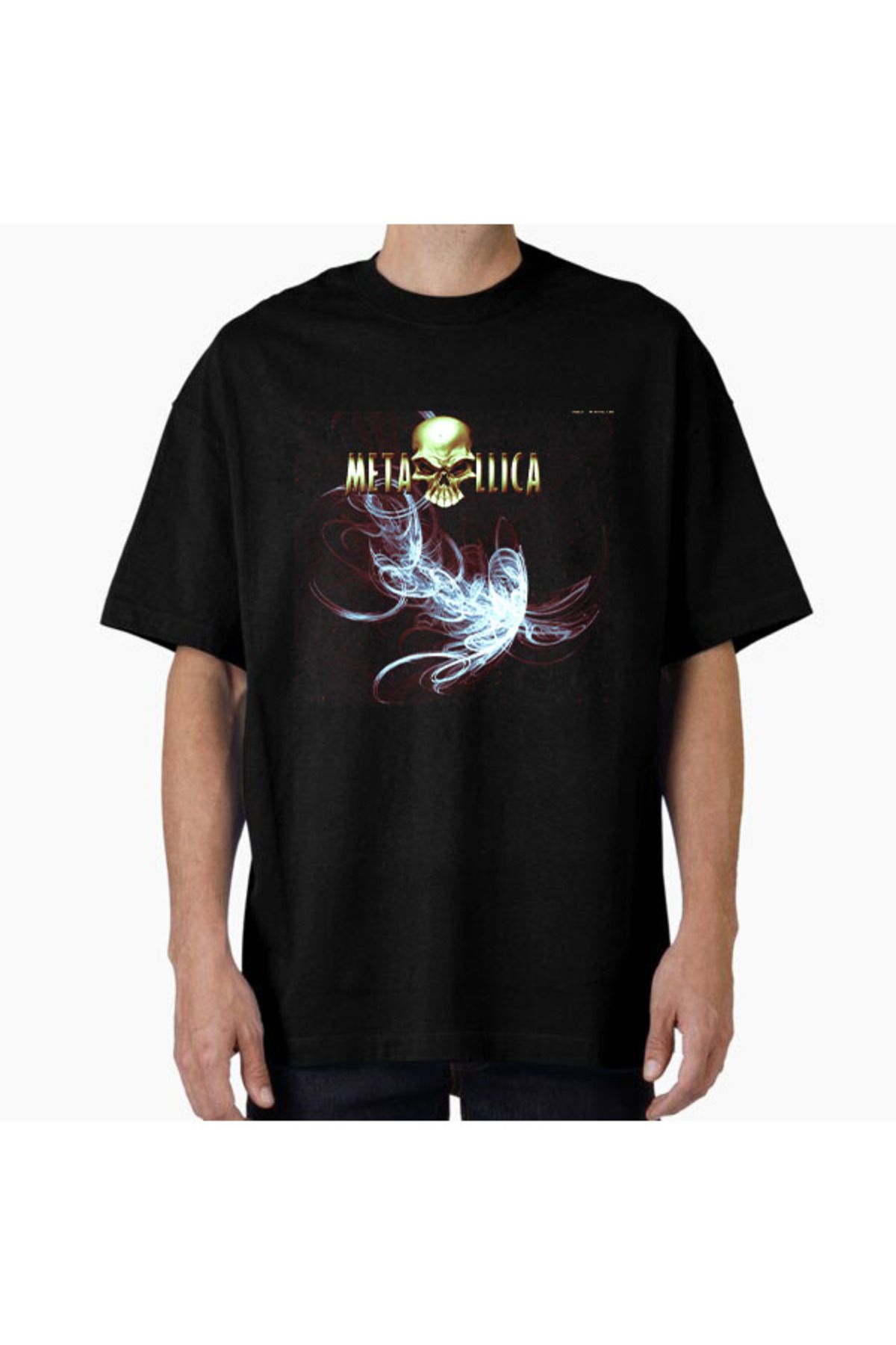 COMVİCHO Unisex metallicacabeza Tasarım Baskılı Oversize T-Shirt