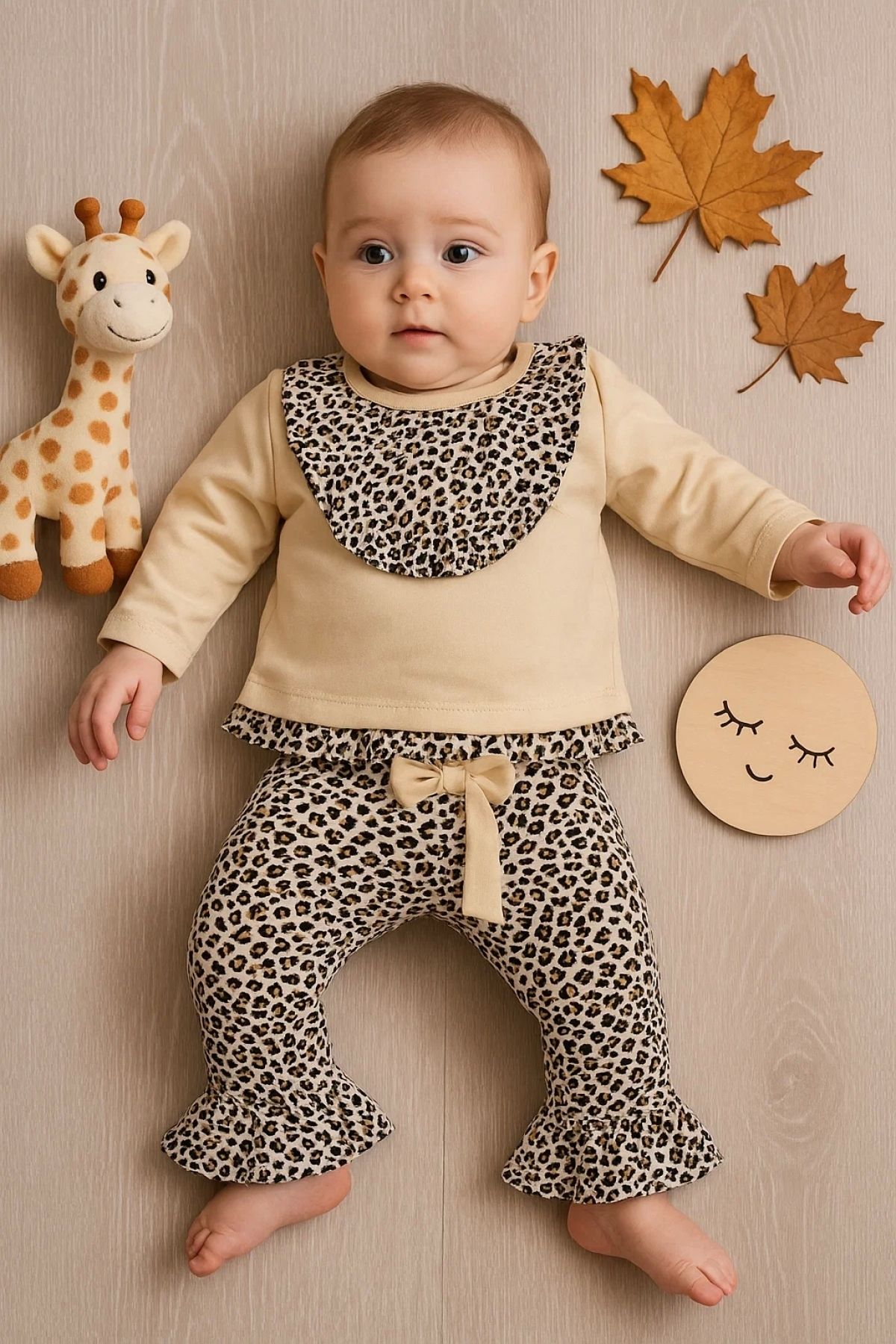 CNDR Leopar Detaylı 2'li Kız Bebek Takım %100 Pamuk