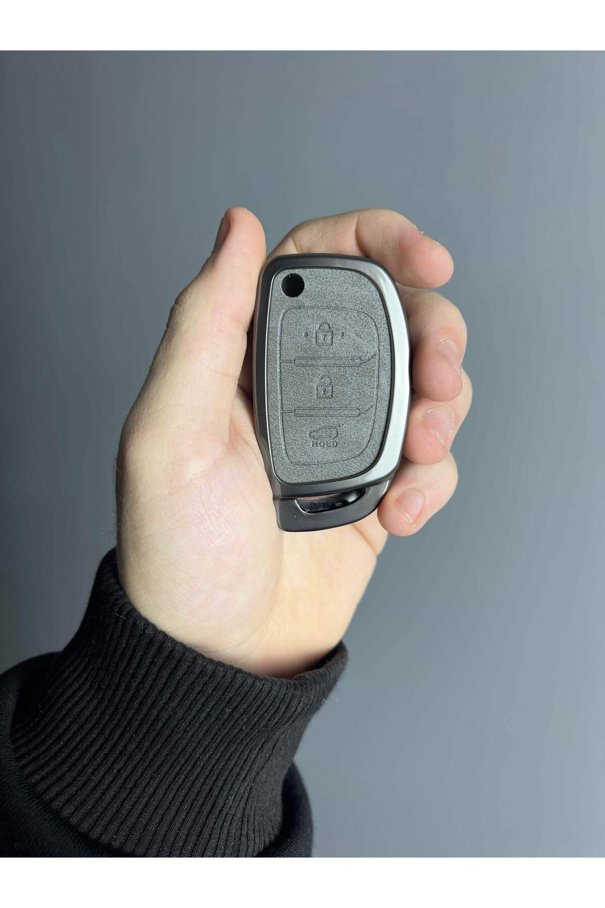 Mavi Keys Hyundai i20 Accent Sonata 2011-2018 Sustalı 3 Buton Deri Metal Anahtar Kumanda Koruma Kılıfı Gri