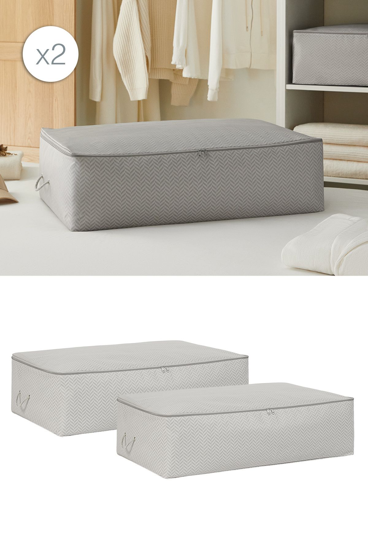 Ocean Home Textile 2 Adet Mega Boy Gri Balıksırtı Baza Altı Yastık Yorgan Kazak Hurcu 74x46x22