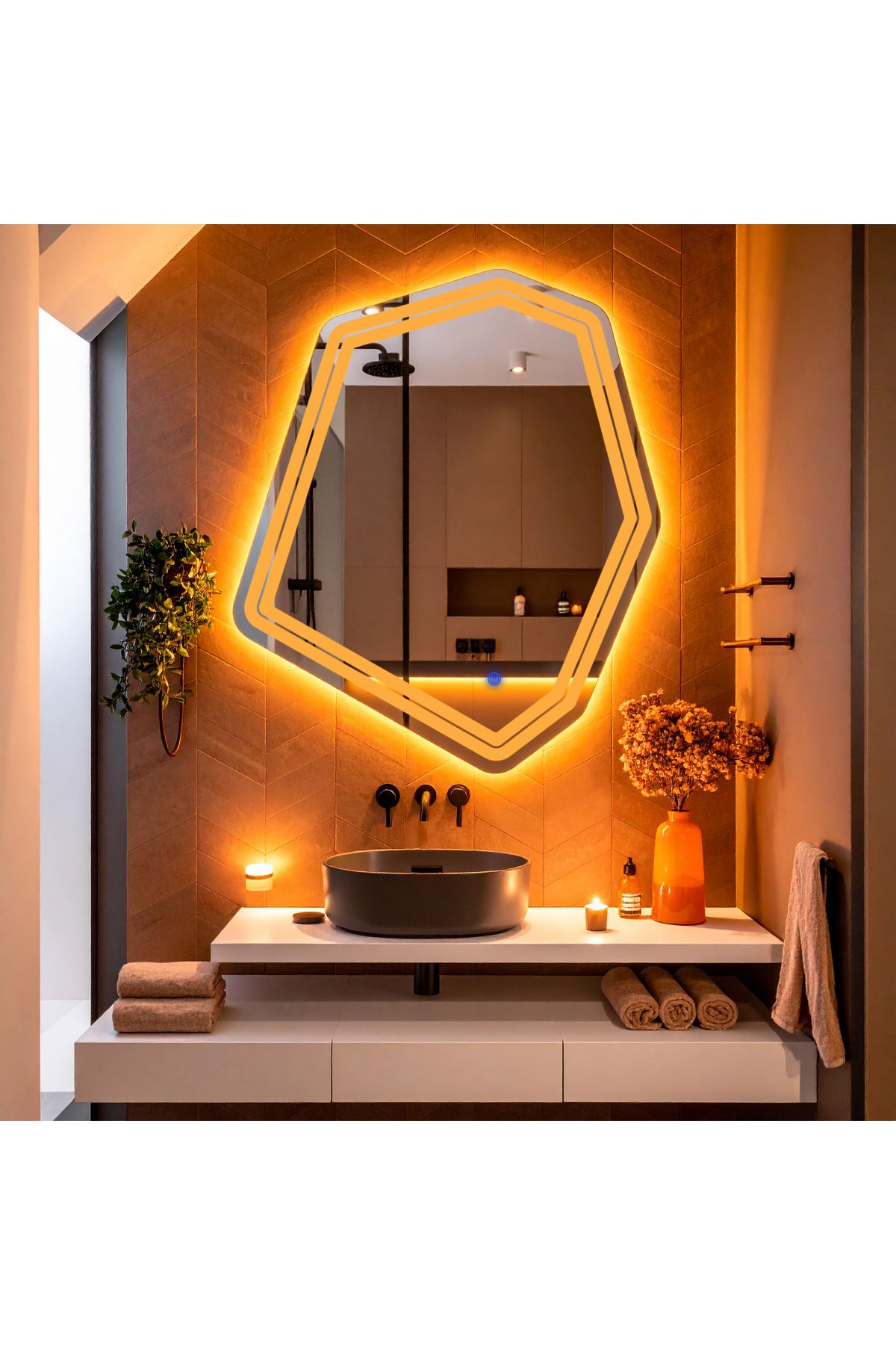 lumora mirror design Domira Amber Led'li Lazer Kumlamalı Lavabo & Banyo Aynası (Dokunmatik Sensörlü)