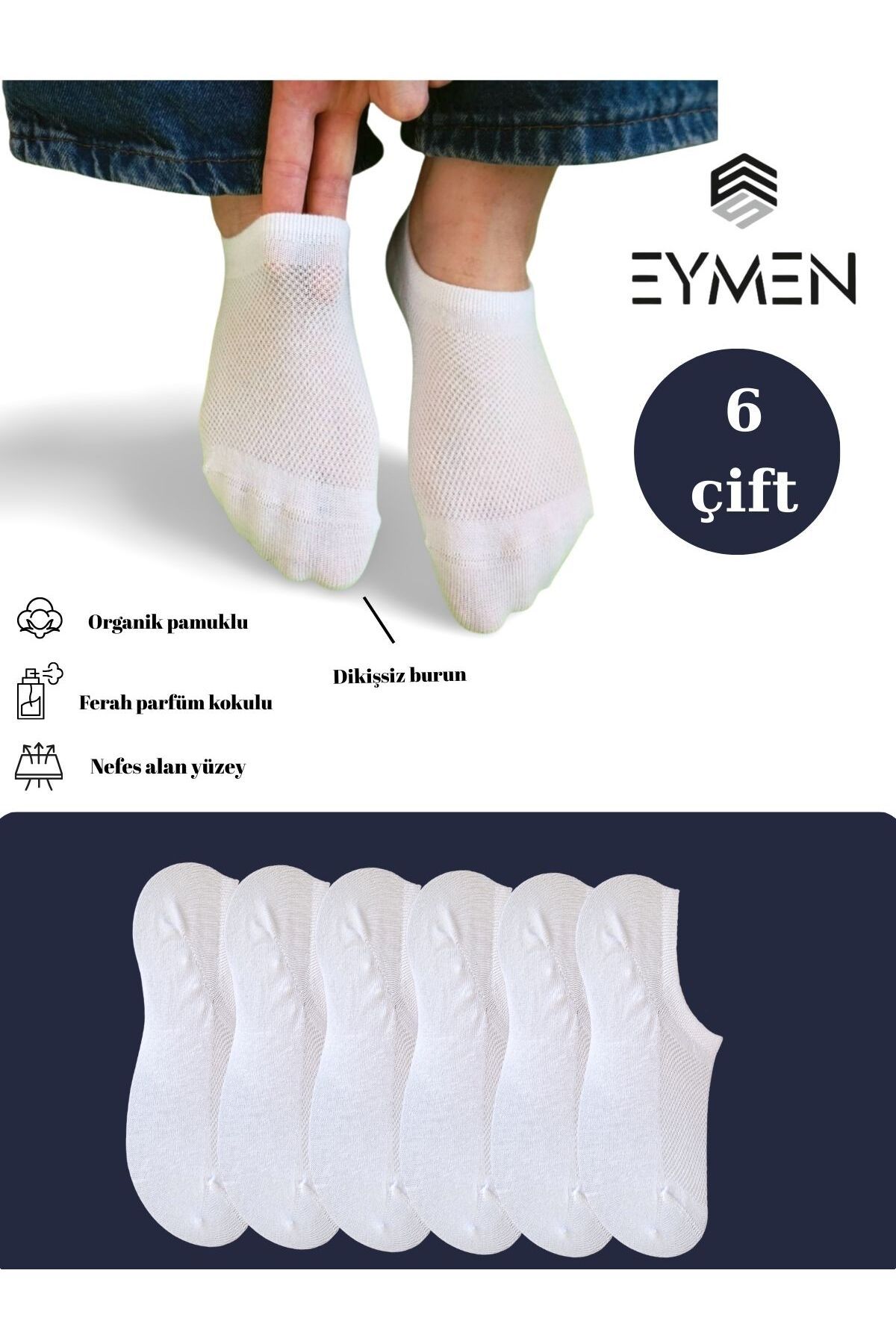 Eymen Socks 6 Çift Unisex Organik Pamuklu Dikişsiz Sneakers Çorap