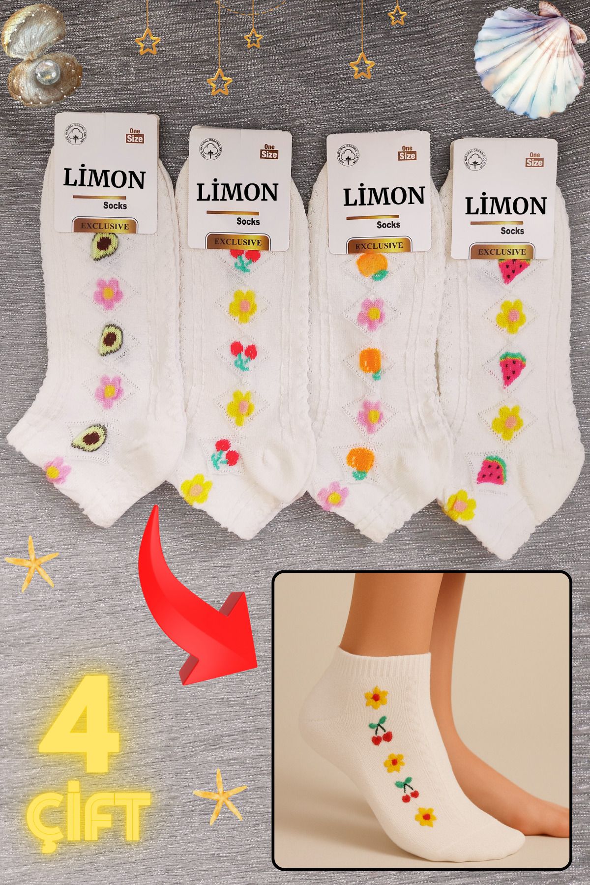 Limon Socks Kadın Çorap (4 Çift) Pamuklu Çocuk Çorabı Desenli Kısa Patik Çorap