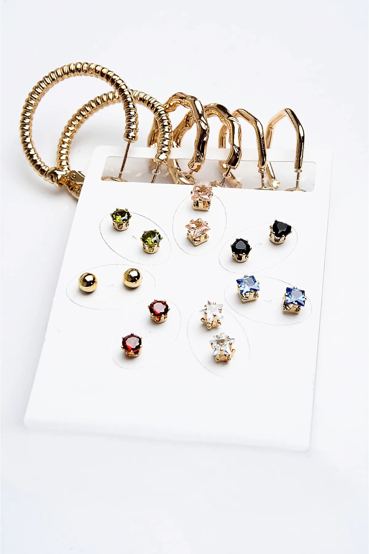 MakeWell-Ring Colored Zircon Solitaire and Ball Earrings Zircon Stone Gold Plated 10 Piece Earring Set 3