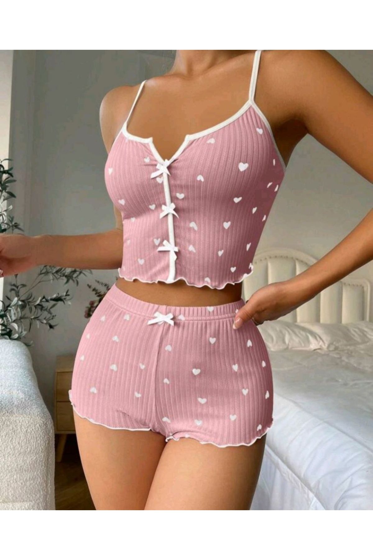 FAYK WEARHOUSE Kadın Desenli Baskılı Askılı Gecelik Crop Mini Etekli Şortlu Pijama Takımı