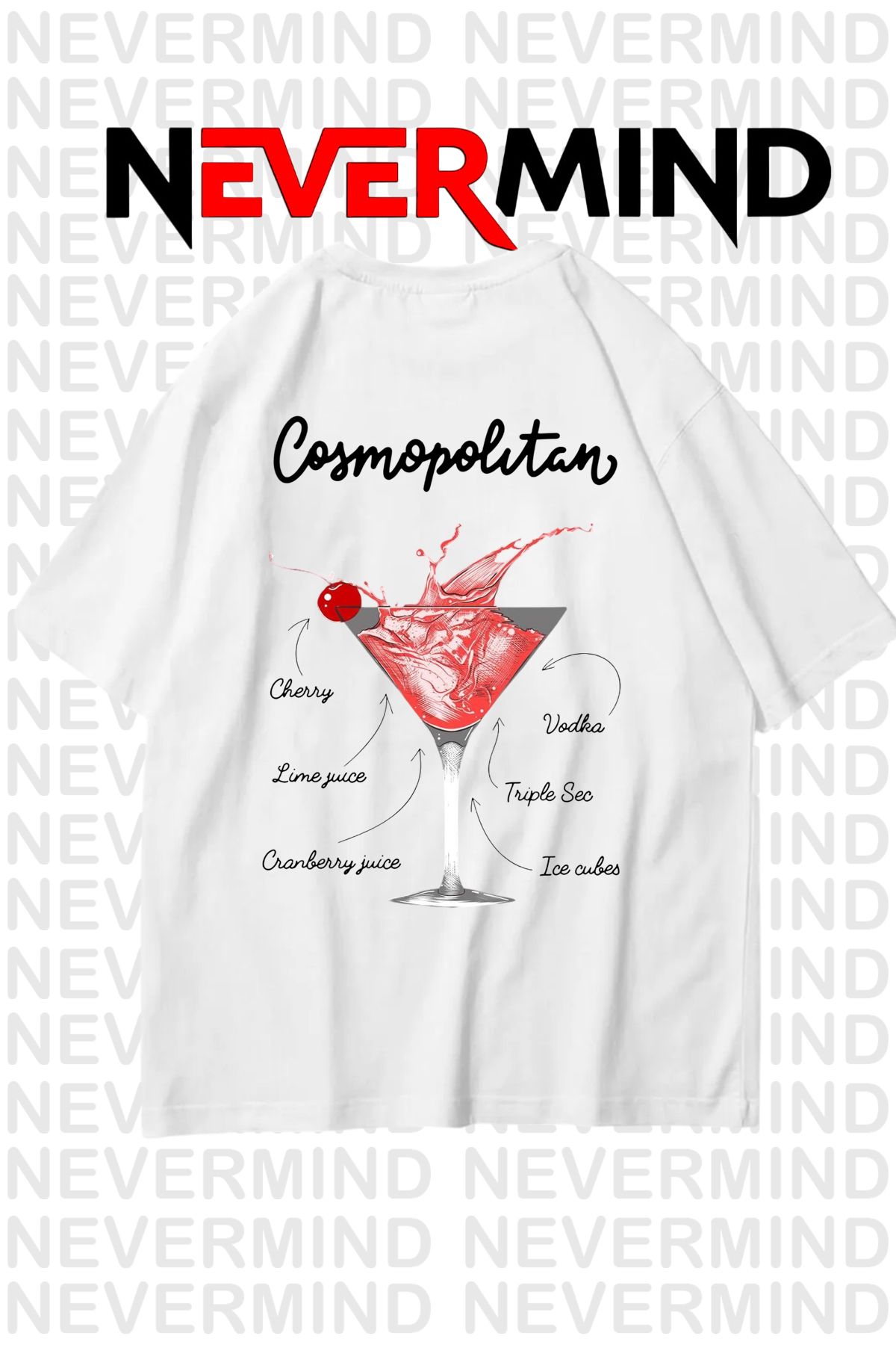 NEVERMIND Kadın Oversize Pamuk Tişört - Cosmopolitan Kokteyl Desenli