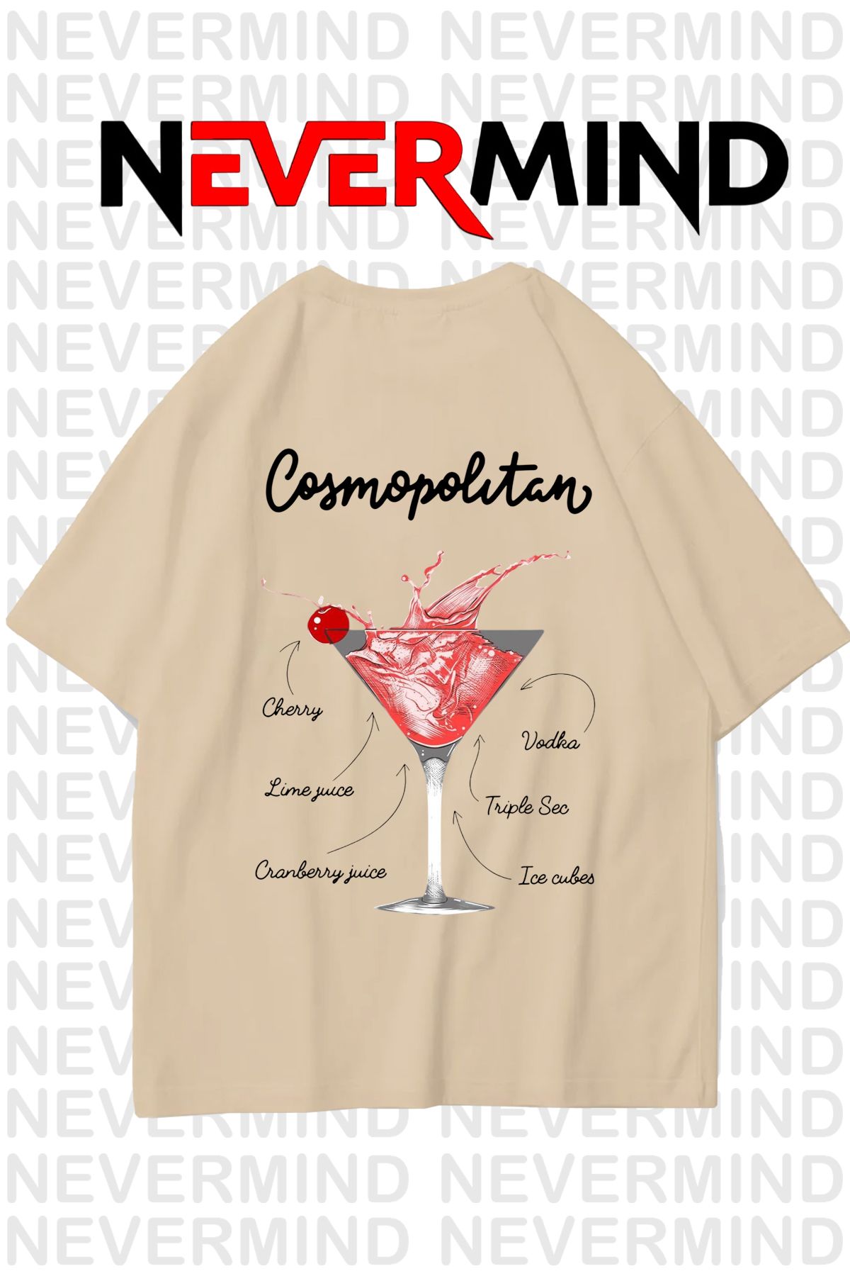 NEVERMIND Kadın Oversize Pamuk Tişört - Cosmopolitan Kokteyl Desenli