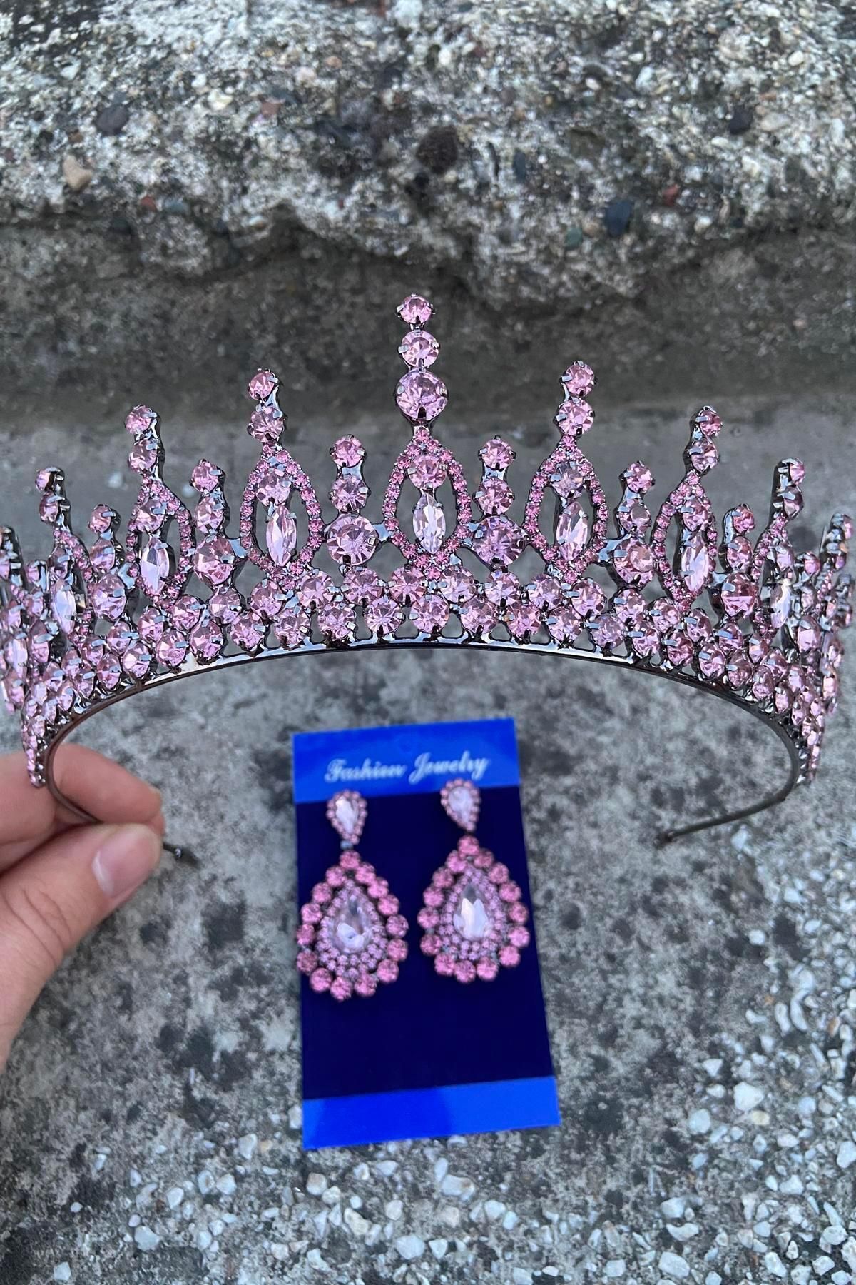 Hobigram Abrienda Pembe Gelin Kına Tacı Özel Gün Aksesuar Kadın Taç Ve Damla Mekik Küpe Takımı