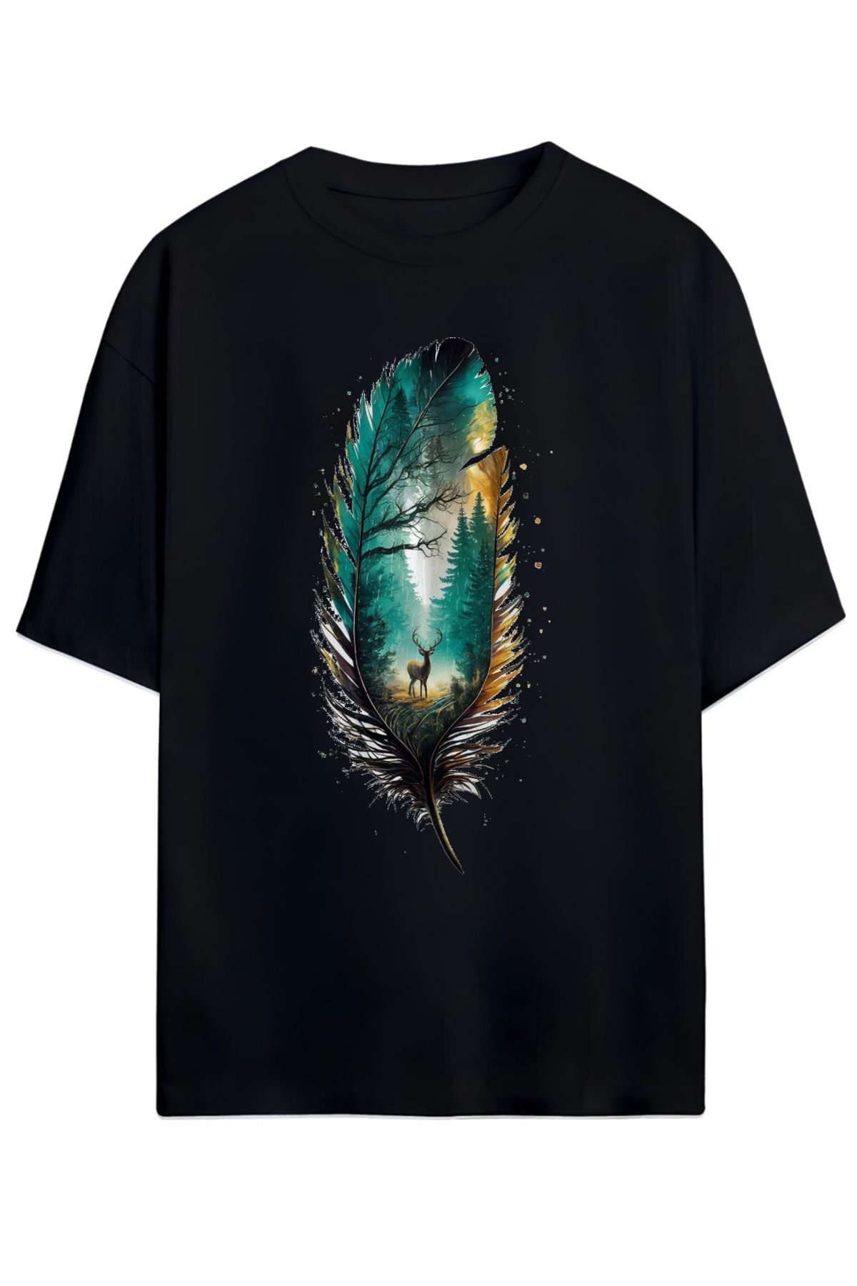 MAGORS Sanatsal Tüy Desenli Oversize Tişört (Artistic Feather Pattern Oversize T-shirt) (RELAXED KALIP)