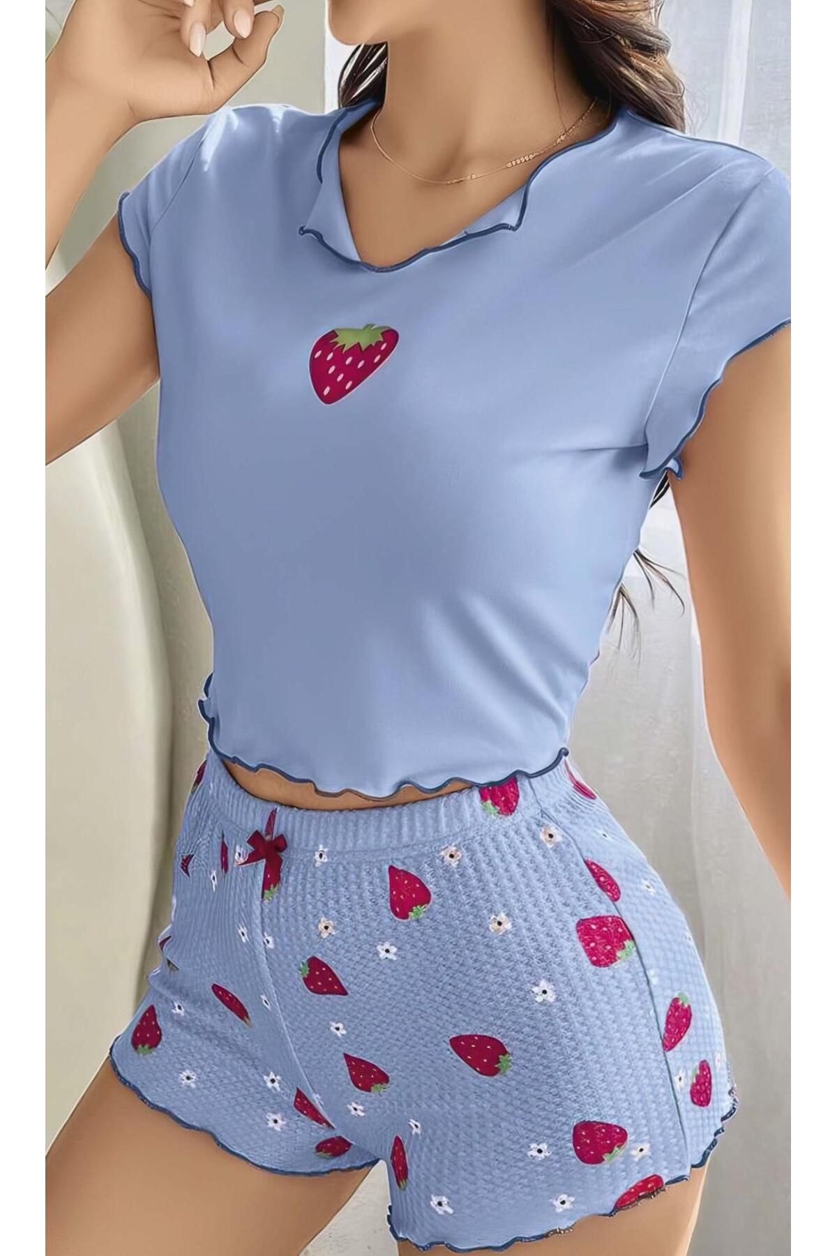 Aria's Closet Çilek Desenli Mavi Pijama Takım