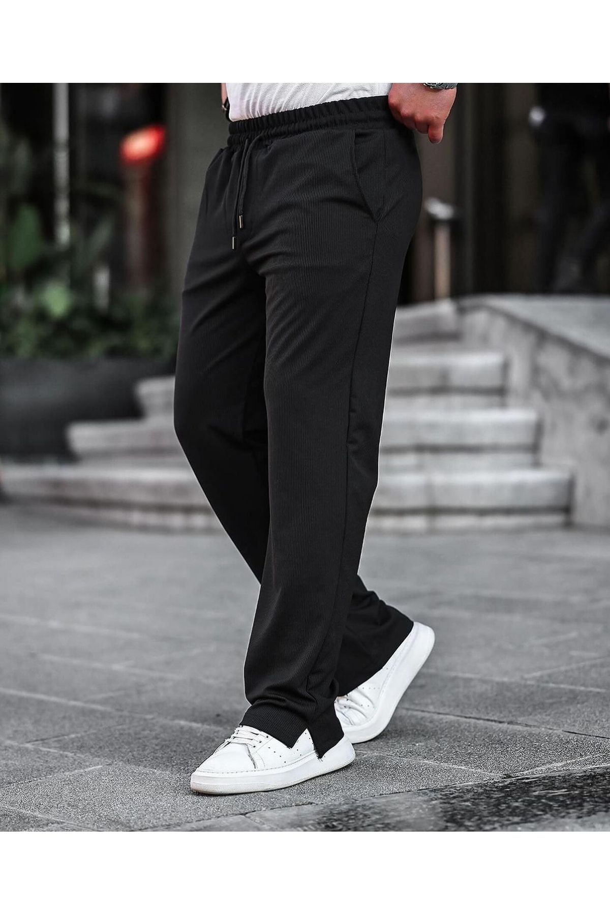 eg38 Tmb Fitilli Yırtmaçlı Baggy Eşofman Siyah