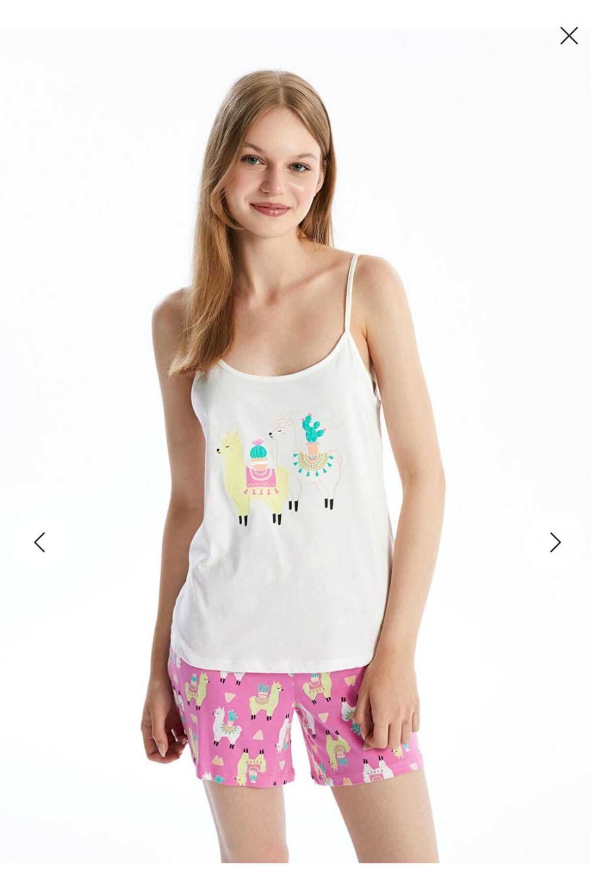 LC Waikiki LCW DREAM Pembe U Yaka Baskılı Askılı Kadın Şortlu Pijama Takımı