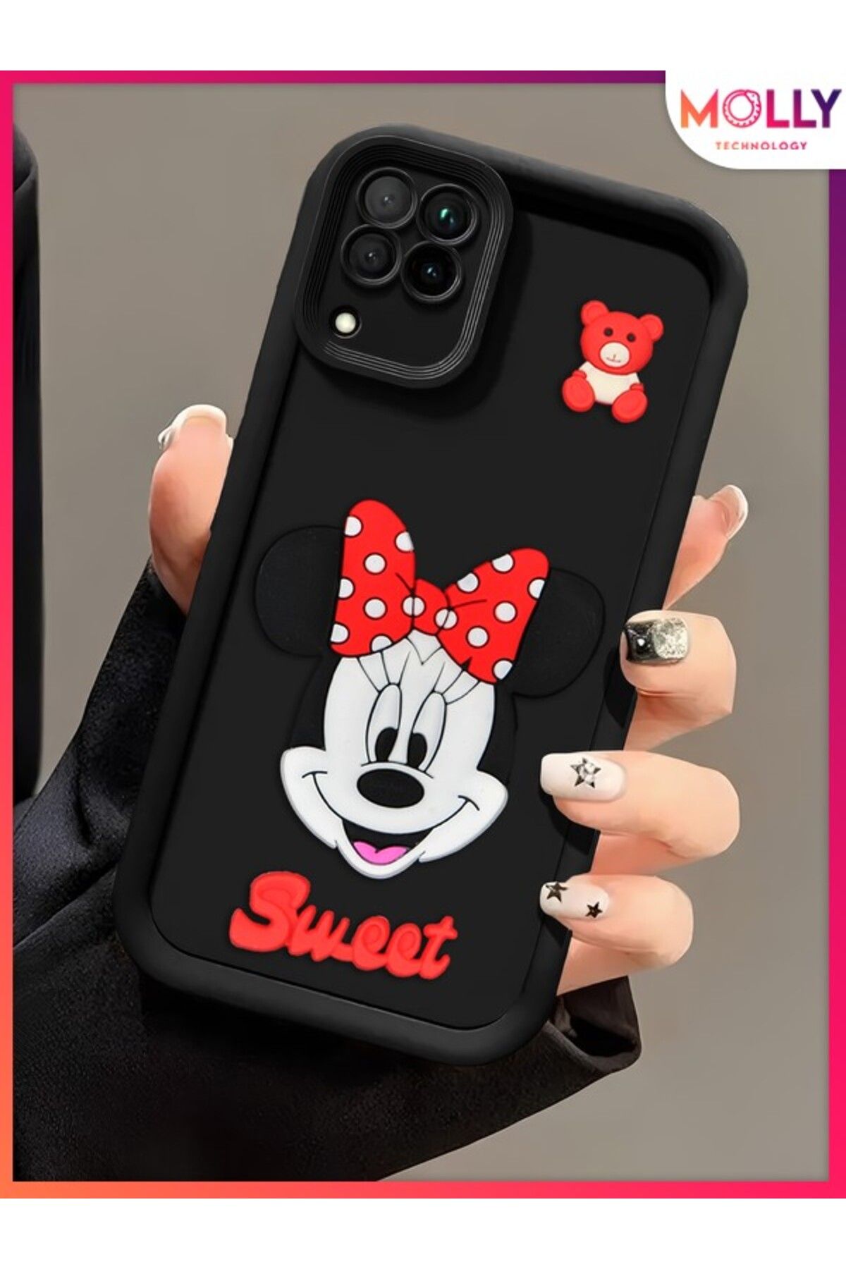 Molly Huawei P40 Lite İçin Siyah Kenarları Kalın 3d Kabartmalı Sevimli Minnie Silikon Kılıf