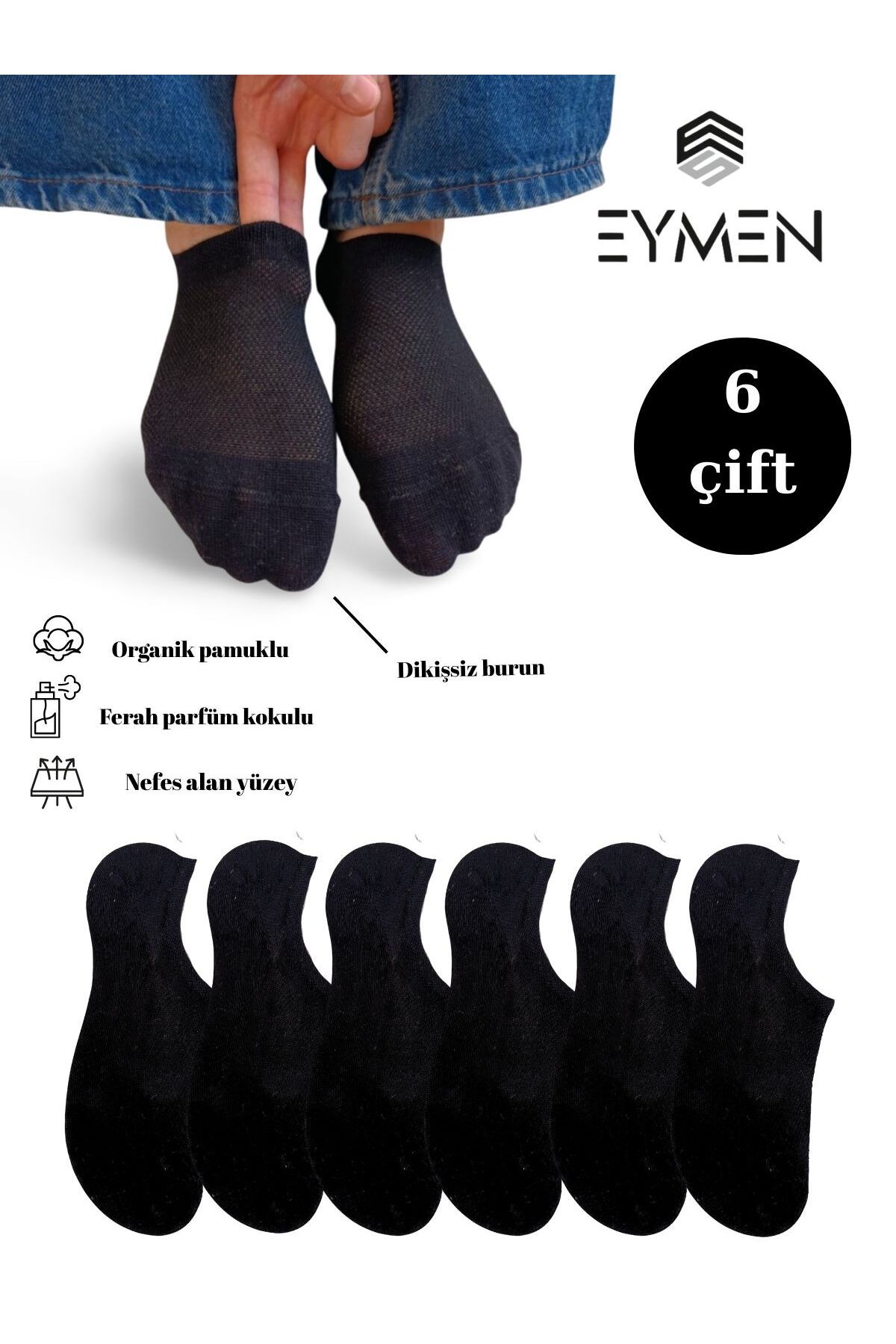 Eymen Socks 6 Çift Unisex Organik Pamuklu Dikişsiz Sneakers Çorap Siyah