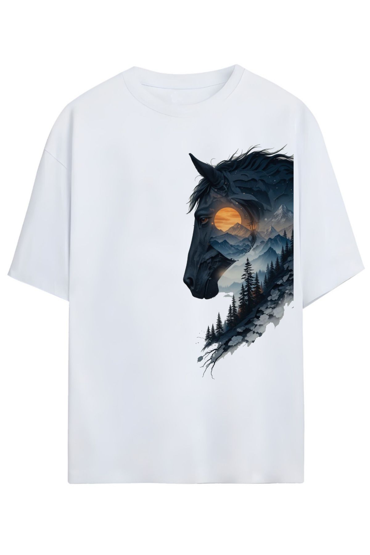 MAGORS Gizemli At ve Dağ Manzaralı Beyaz Tişört (Mysterious Horse and Mountain Landscape White T-shirt)