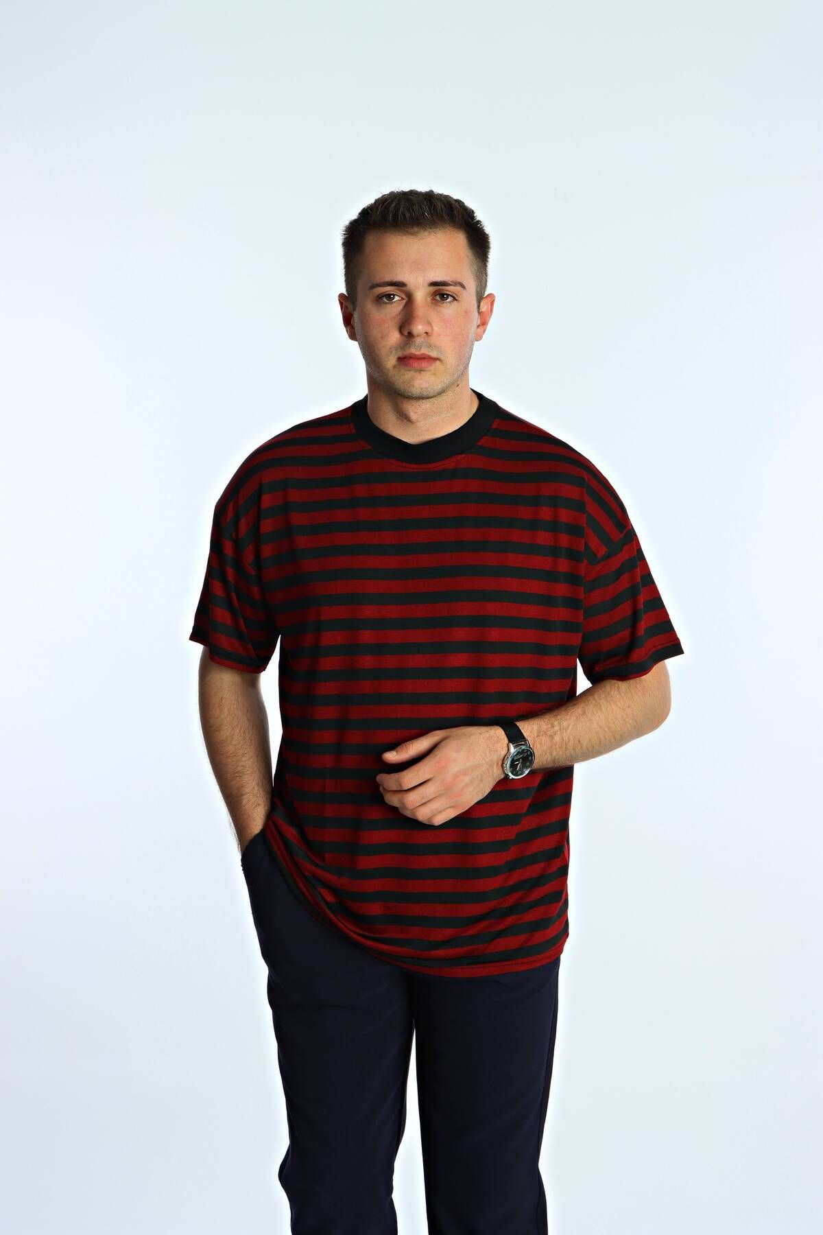 eg38 Tk Viskon Çizgili Oversize Tişört Bordo