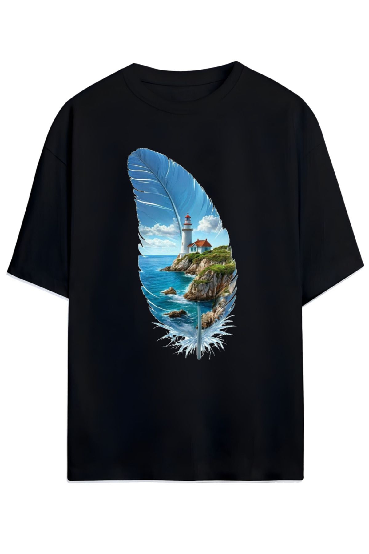 MAGORS Sanatsal Tüy Desenli Oversize Tişört (Artistic Feather Pattern Oversize T-shirt) (RELAXED KALIP)