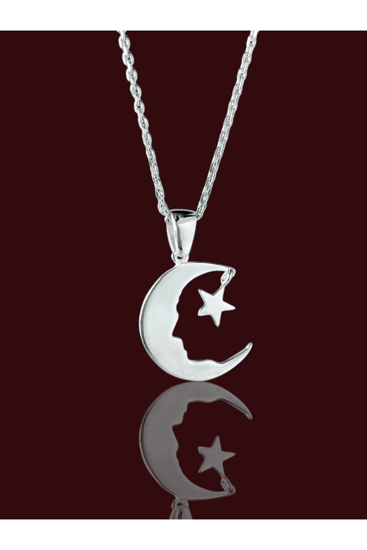 Alaja Silver Atatürk Silüeti Ay Yıldız Parlak Tasarım 925 Ayar Gümüş Kolye