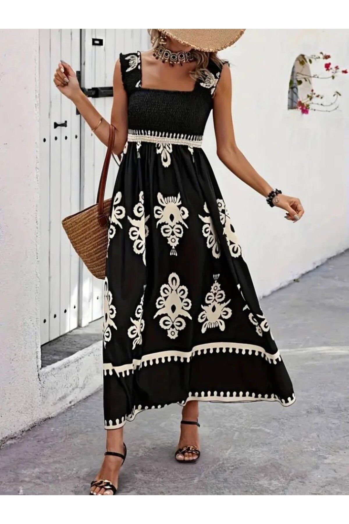 Monapera Askılı Kare Yaka Gipeli Desenli Maxi Boy Elbise
