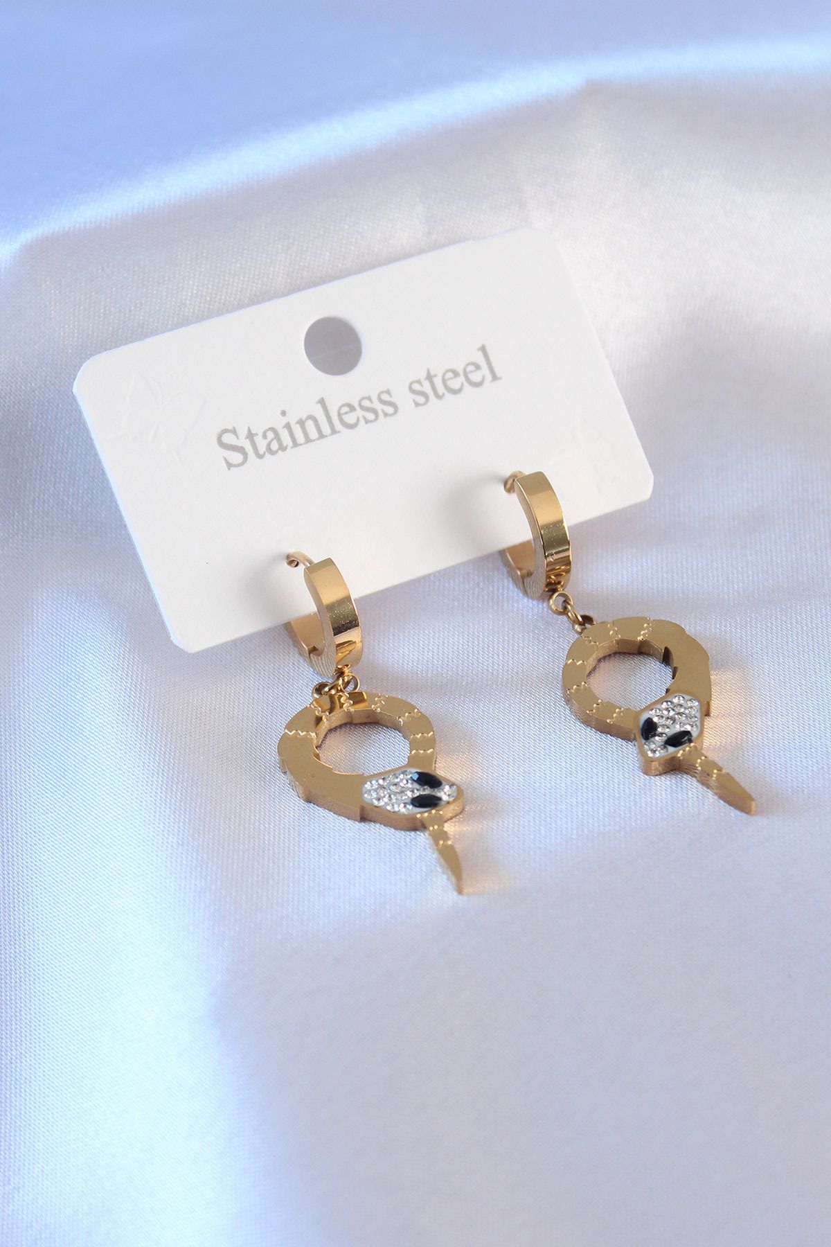 sinerjim 316l Çelik Özel Seri Gold Renk Yılan Model Zirkon Taşlı Kadın Küpe