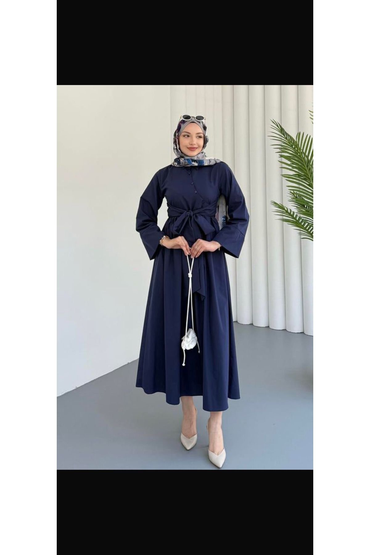 mahira collection Çapraz düğme detaylı bağlamalı poplin tesettür elbise