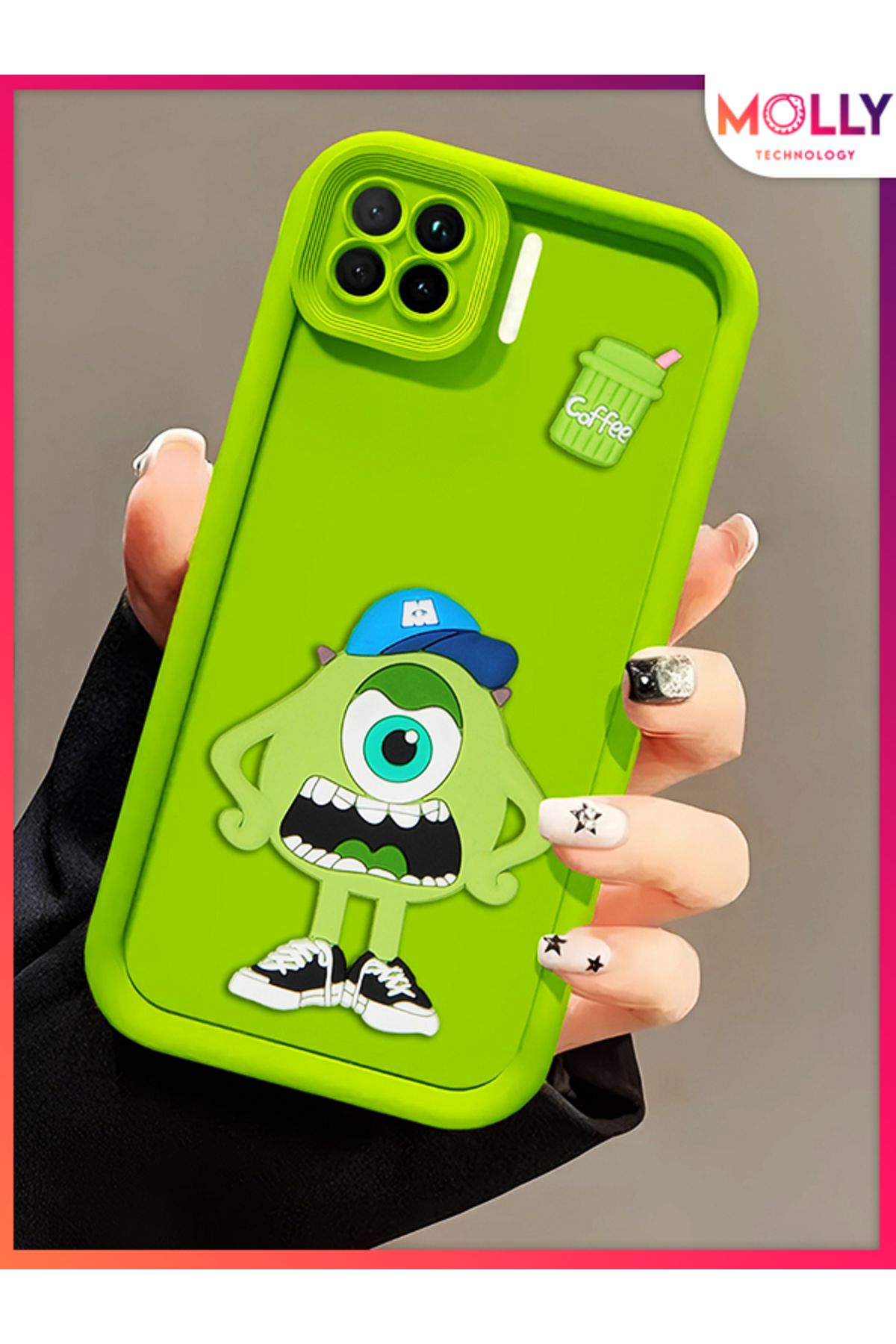 Molly Oppo RENO 4 LİTE İçin Yeşil Kenarları Kalın 3d Kabartmalı Sevimli Canavar Mike Silikon Kılıf