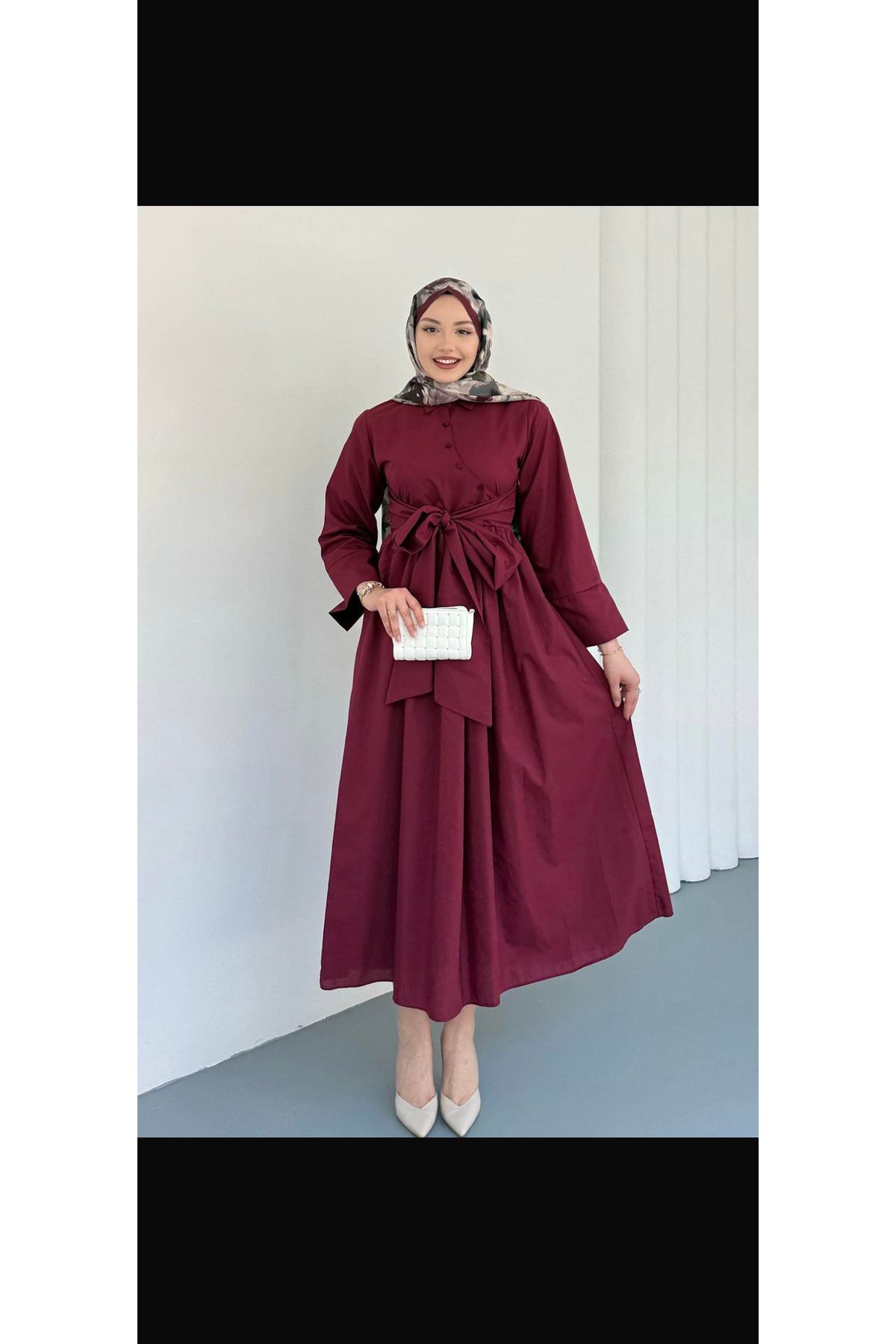 mahira collection Çapraz düğme detaylı bağlamalı poplin tesettür elbise