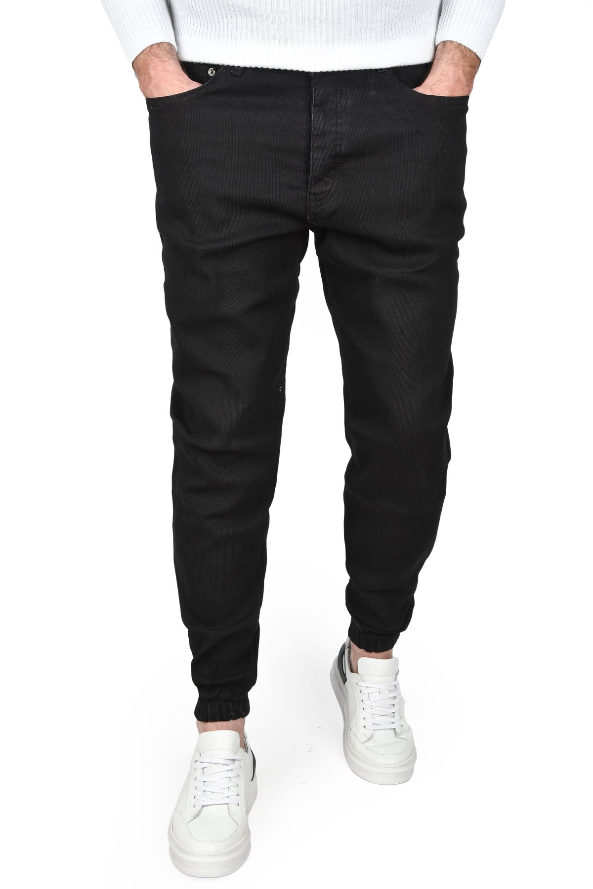 DeepSEA Erkek Siyah Paçası Lastikli Fitilli Örme Kumaş Likralı Kot Pantolon Jean 2506525