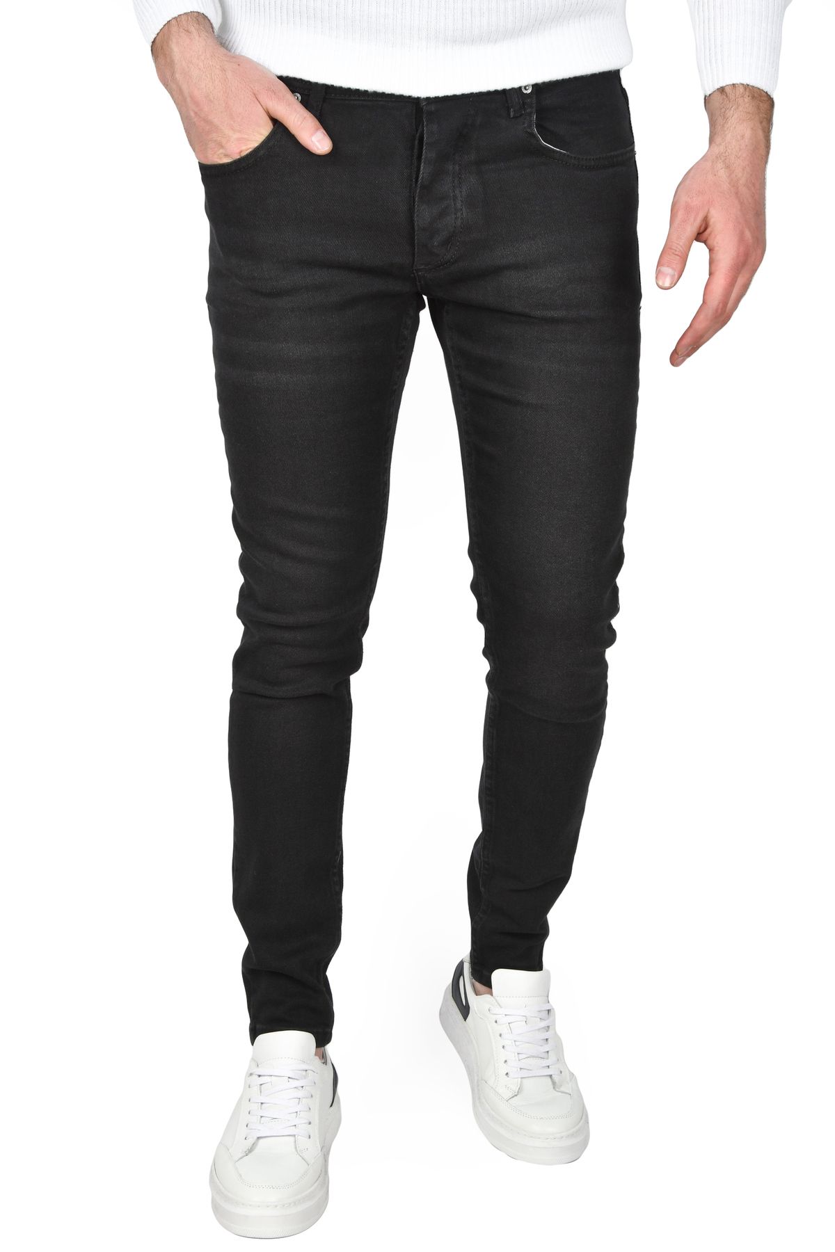 Rizz up Erkek Siyah Yeni Sezon Taşlanmış Slim Fit Likralı Kot Pantolon Jean 2505830