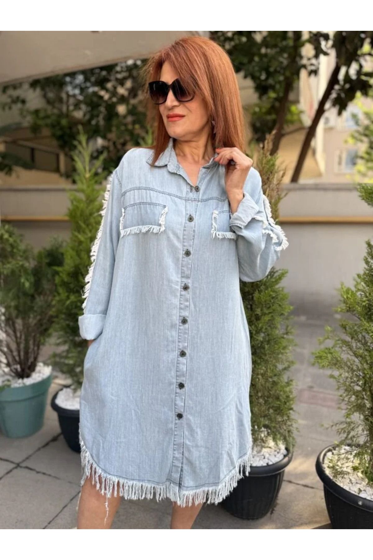 DenizEge Püskül Detaylı Dökümlü Kot Elbise Açık Mavi