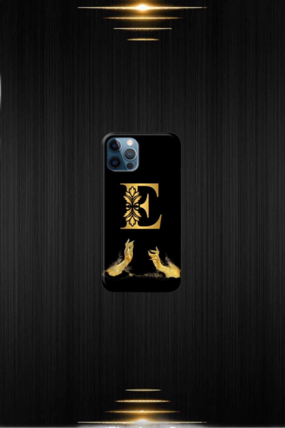 cover shopp Siyah Desenli Gold E Harfi IP 12 Pro