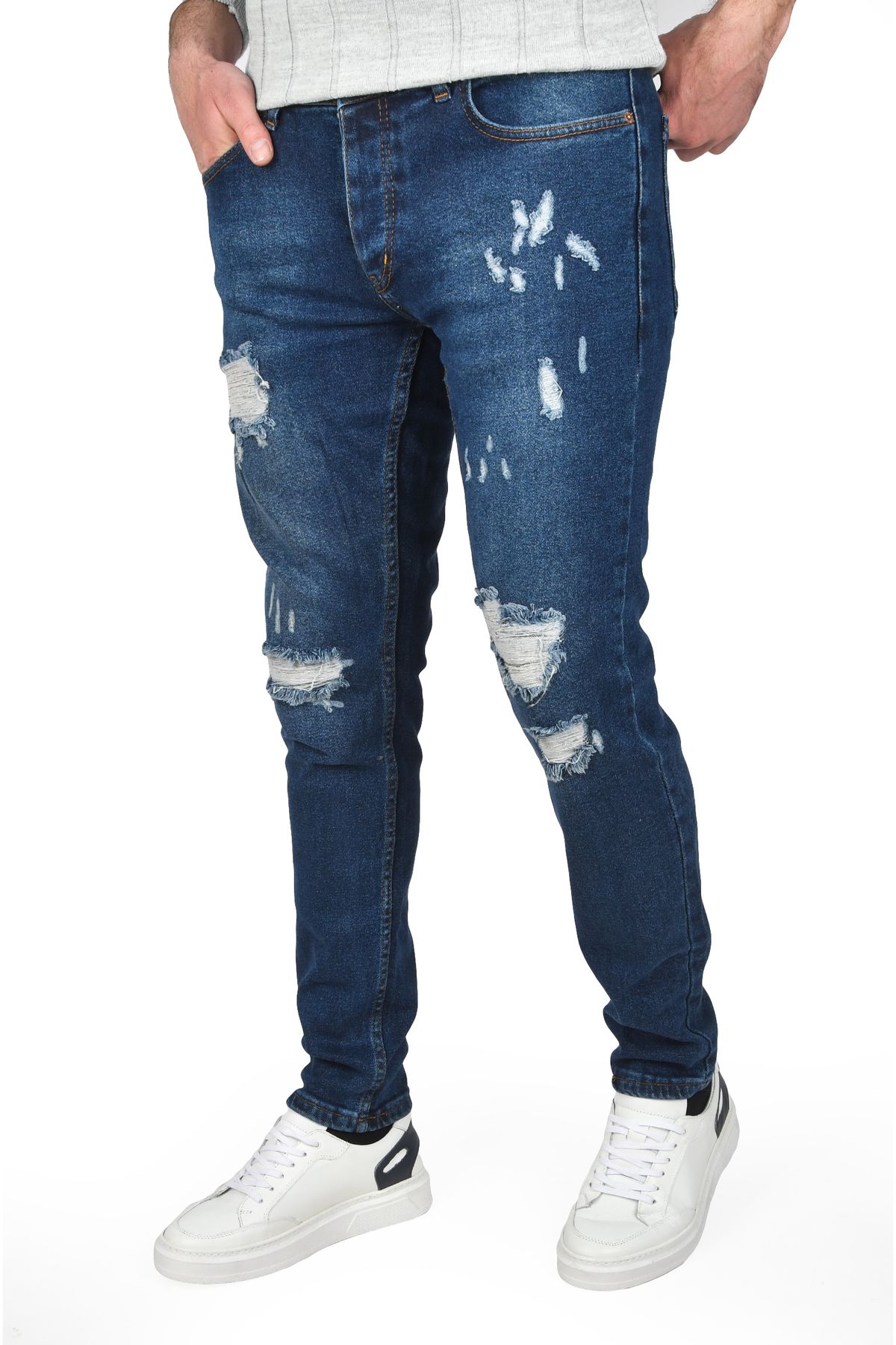 DeepSEA Erkek Lacivert Yeni Sezon Önü Yırtık Slim Fit Likralı Kot Pantolon Jean 2508010
