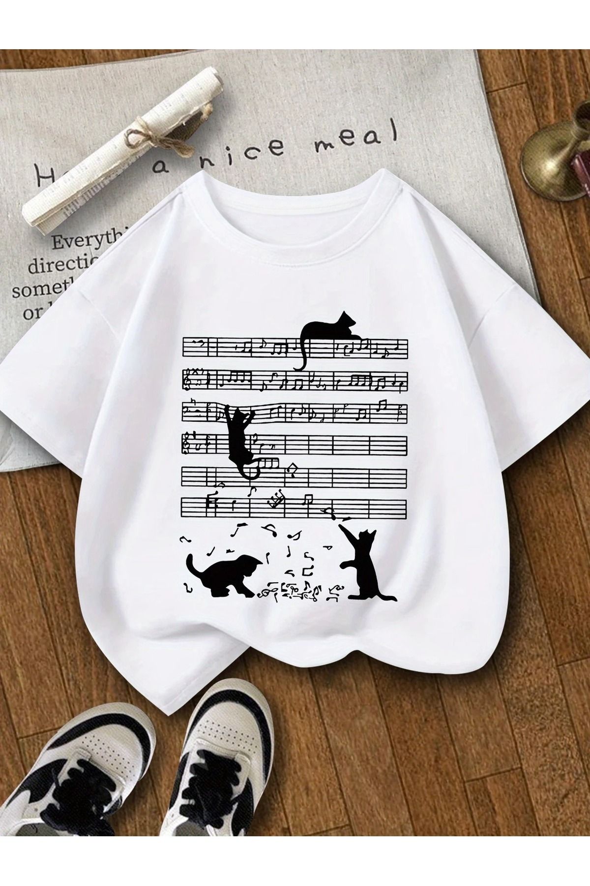 Massgai Unisex Cat Kedi Müzik Notalar Baskılı Oversize %100 Pamuk T-shirt