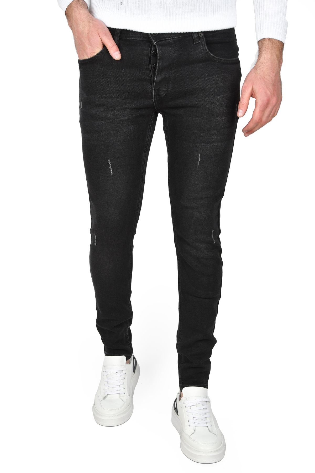 DeepSEA Erkek Siyah Yeni Sezon Tırnak Taşlamalı Slim Fit Likralı Kot Pantolon Jean 2507176