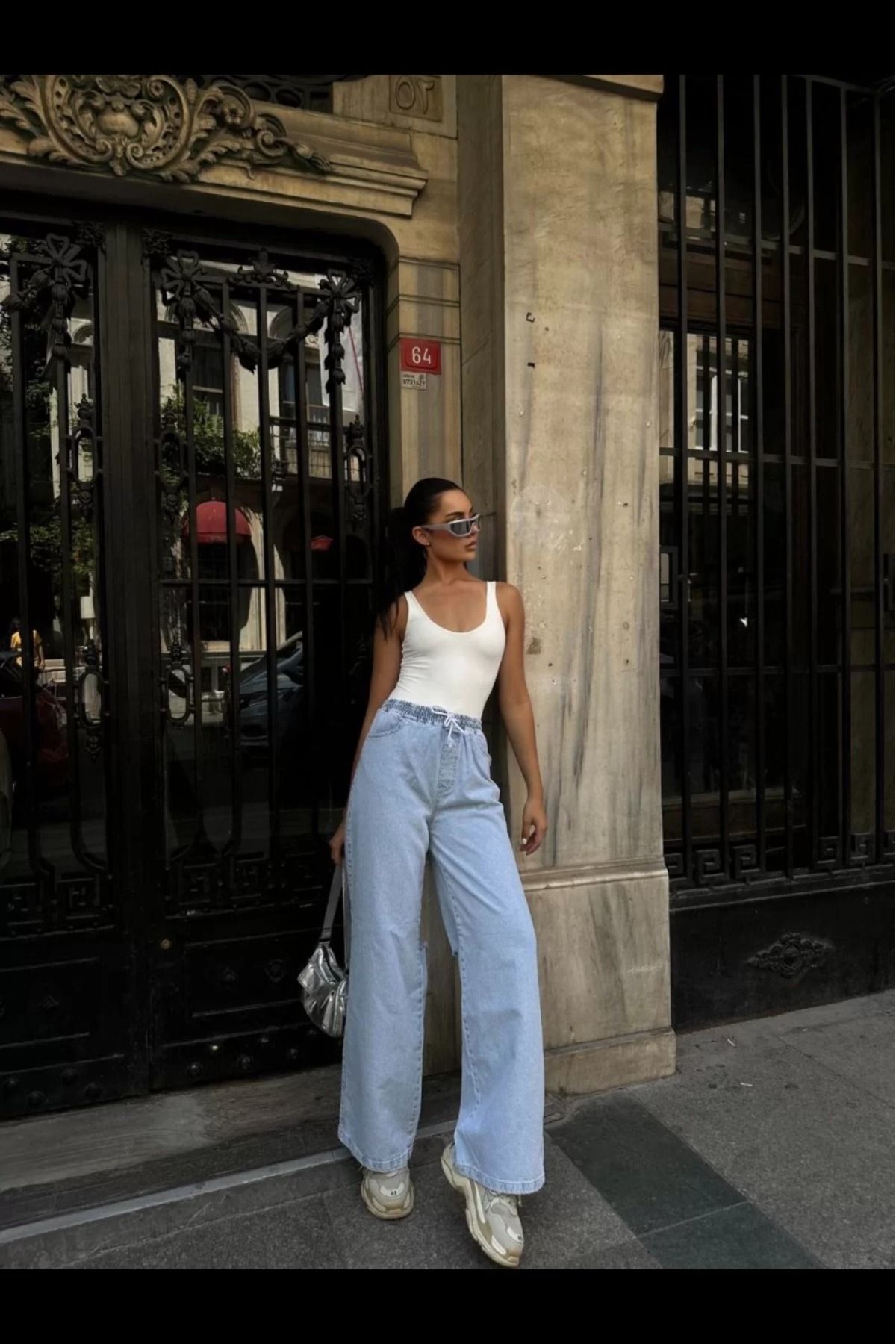 cakır and moniva Kadın Arkadan Yırtmaçlı, Jeans Kot Palazzo Pantolon