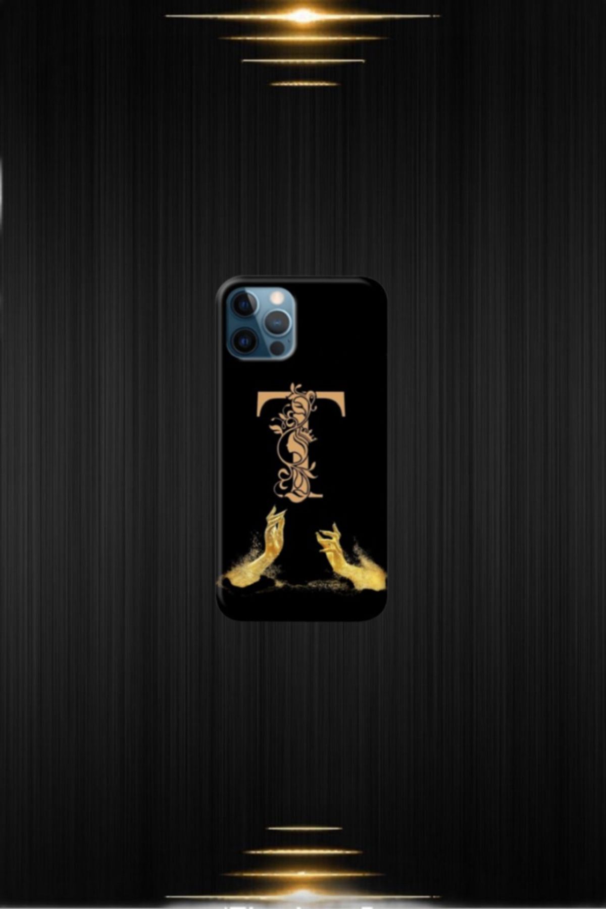 cover shopp Siyah Desenli Gold T Harfi IP 12 Pro