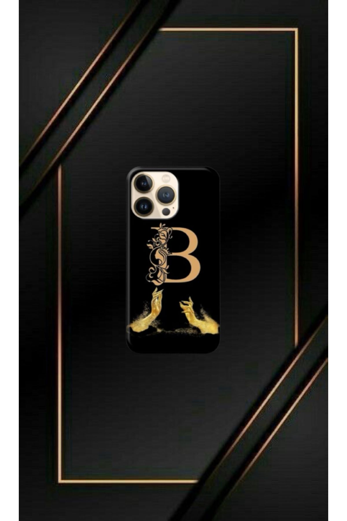 cover shopp Siyah Desenli Gold B Harfi 14 Pro Max