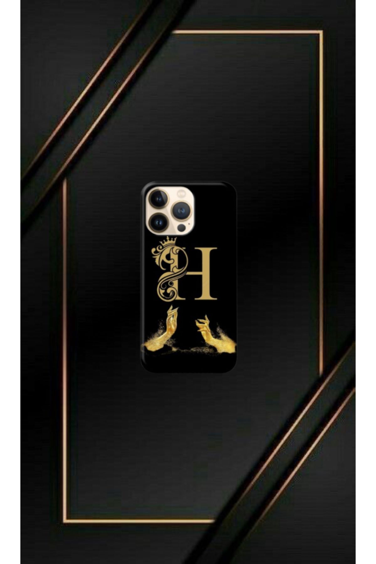 cover shopp Siyah Desenli Gold H Harfi IP 14 Pro