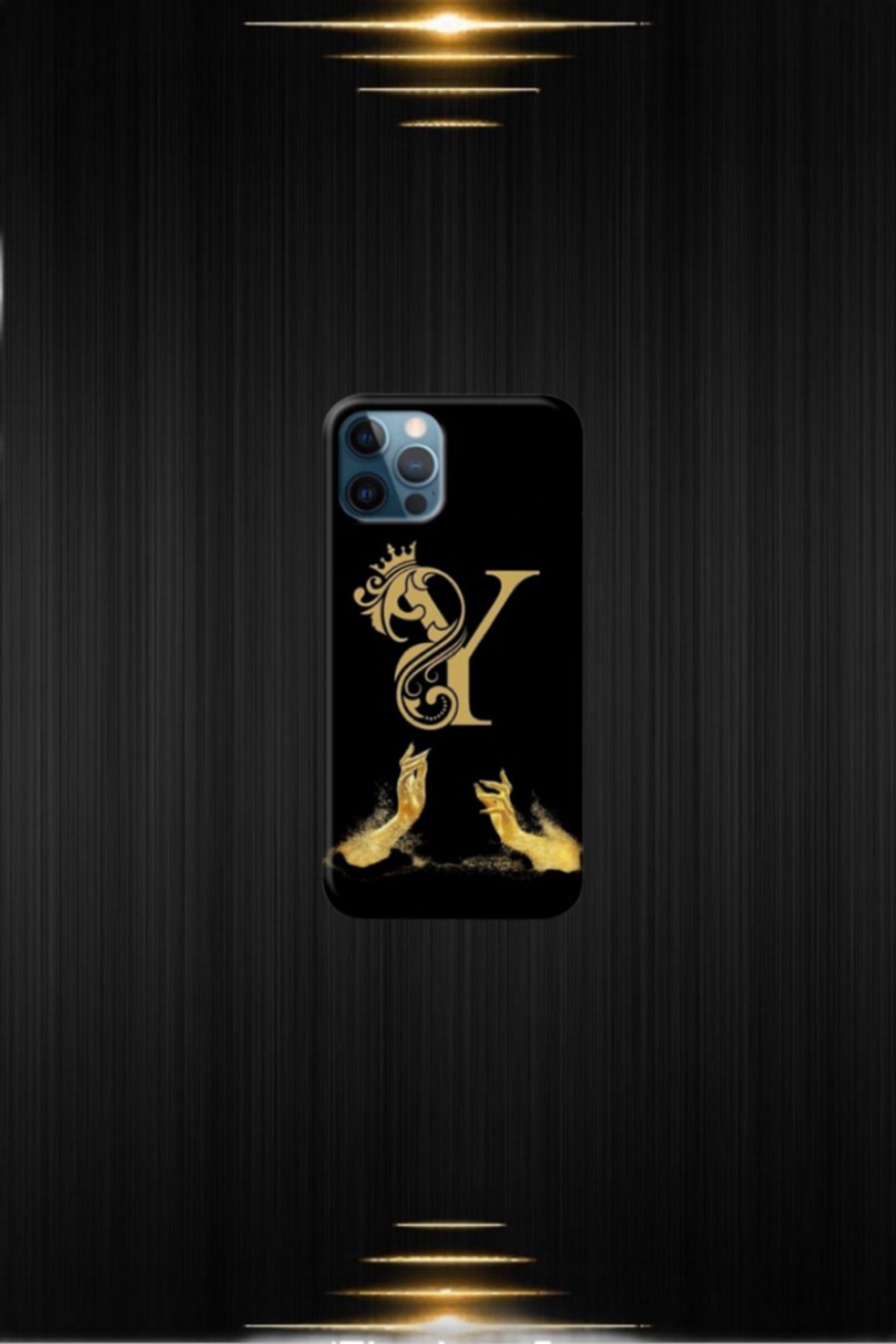 cover shopp Siyah Desenli Gold Y Harfi IP 12 Pro Max