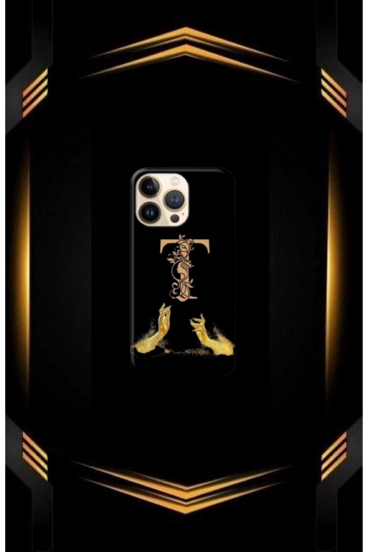 cover shopp Siyah Desenli Gold T Harfi IP 15 Pro