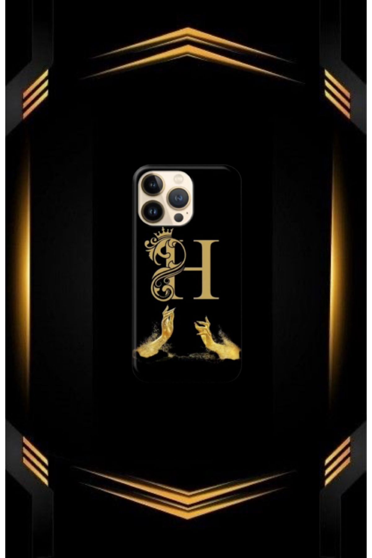 cover shopp Siyah Desenli Gold H Harfi 15 Pro Max