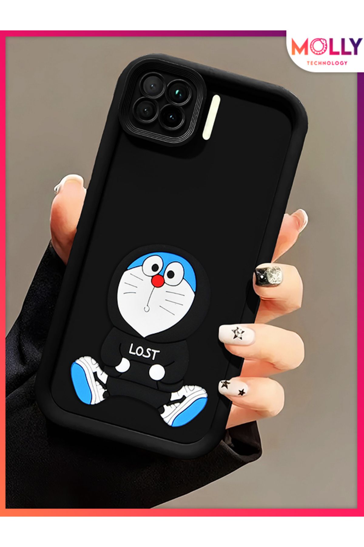 Molly Oppo RENO 4 LİTE İçin Siyah Kenarları Kalın 3d Kabartmalı Sevimli Doraemon Silikon Kılıf